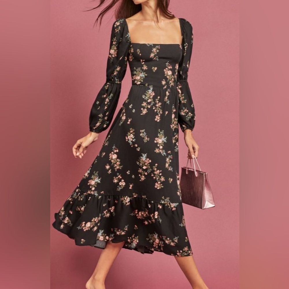 Reformation Mica Black Floral Long Sleeve Dress